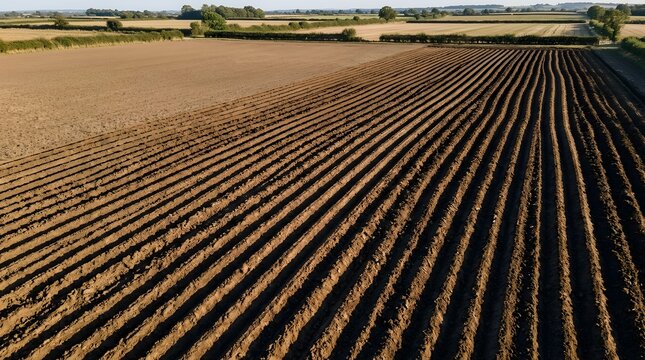 Plowed agricultural field showing parallel soil furrows from above
