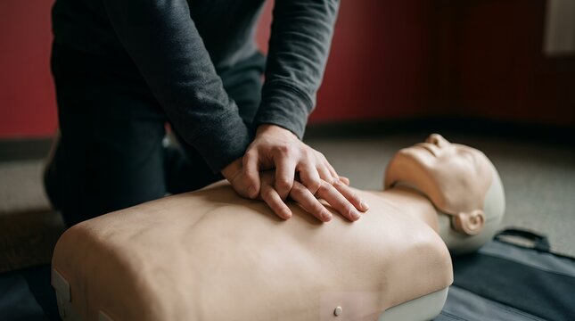 CPR training session, hands-on cardiopulmonary resuscitation practice on a medical dummy. First aid education, life-saving skills development, and emergency response preparation.