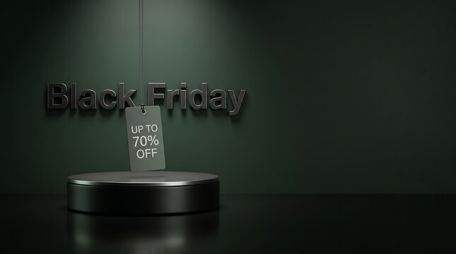 Black Friday Up to 70 Percent Off 3D Display on Dark Green Background