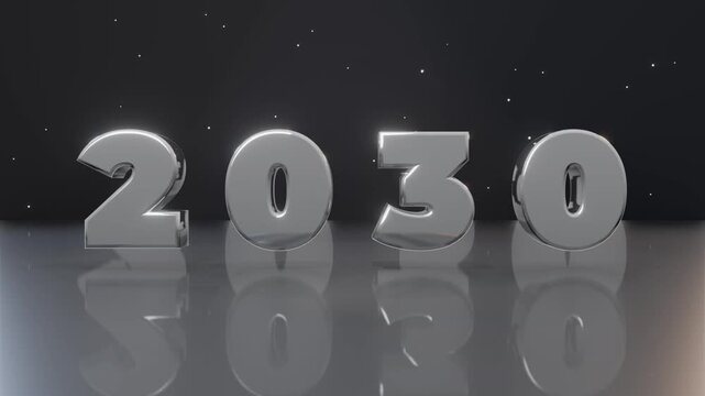 Happy New Year 2030 silver chrome 3D numbers with light sweep on dark background, festive celebration animation
