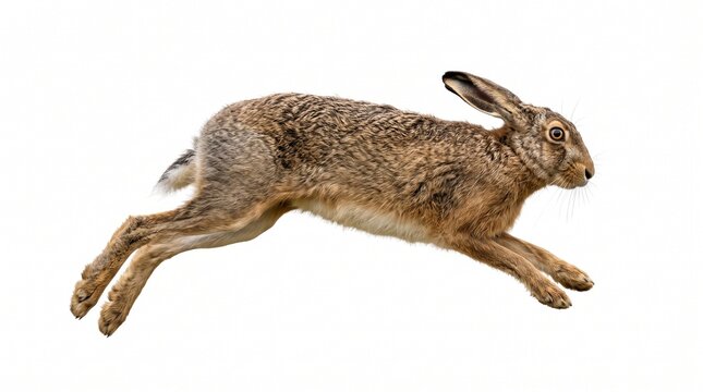 A brown hare leaping in mid air against a white background