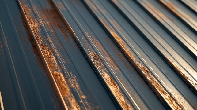 Rust streaks and corrosion developing along the seams of a dark gray metal roof. Close up of deteriorating roofing material for corrosion prevention, roof repair and maintenance services