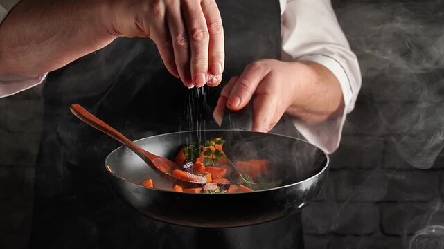 Hands sprinkle seasoning over a steaming vegetable dish in a black frying pan while a wooden spoon rests inside, showing careful food preparation against a dark textured backdrop