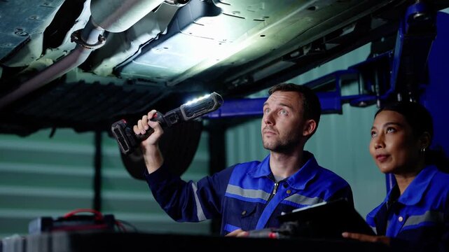 Low light shot of a male technician aiming a work lamp at the underside of a lifted car while a female colleague with a clipboard points and both look up at the underbody