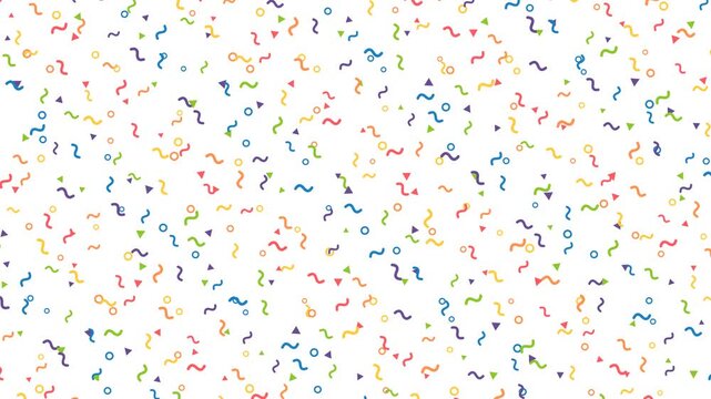 Colorful Memphis Confetti Pattern Animation with Wiggling Squiggly Lines Triangles and Circles on White Background Seamless Loop
