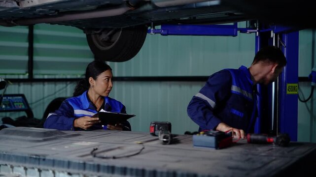 Female technician with a clipboard sits by a battery pack as a male colleague shines a flashlight, then tests the pack with a multimeter and leans over the stand under a lift