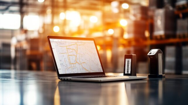 Digital Technology Screen View of Laptop displaying warehouse route map barcode scanner nearby