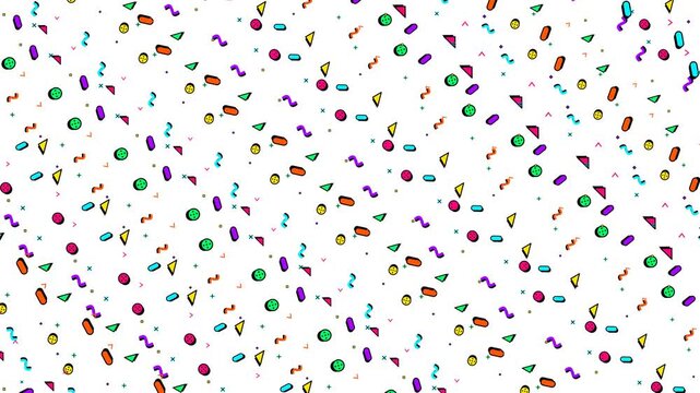 Retro 90s Memphis Style Pattern Animation with Colorful Neon Geometric Shapes and Black Outlines on White Background