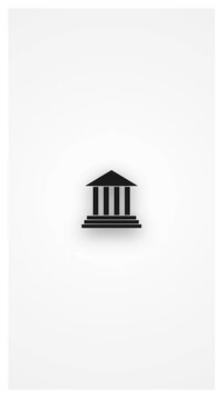 Animated black classical courthouse icon on white background. Minimalist bank building with four columns. Great for legal and finance vertical ads.   
