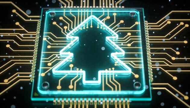 Glowing translucent AI processor chip with circuit lines forming Christmas tree silhouette, cyan and gold light, dark background with floating particles, minimal tech holiday 3D render
