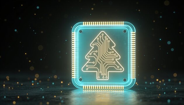 Glowing translucent AI processor chip with circuit lines forming Christmas tree silhouette, cyan and gold light, dark background with floating particles, minimal tech holiday 3D render