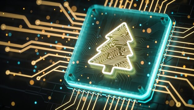Glowing translucent AI processor chip with circuit lines forming Christmas tree silhouette, cyan and gold light, dark background with floating particles, minimal tech holiday 3D render