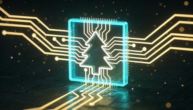 Glowing translucent AI processor chip with circuit lines forming Christmas tree silhouette, cyan and gold light, dark background with floating particles, minimal tech holiday 3D render