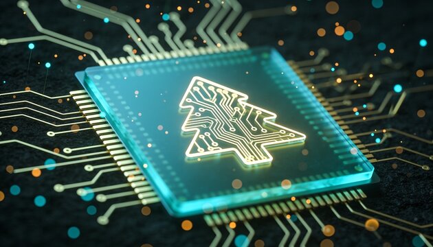 Glowing translucent AI processor chip with circuit lines forming Christmas tree silhouette, cyan and gold light, dark background with floating particles, minimal tech holiday 3D render