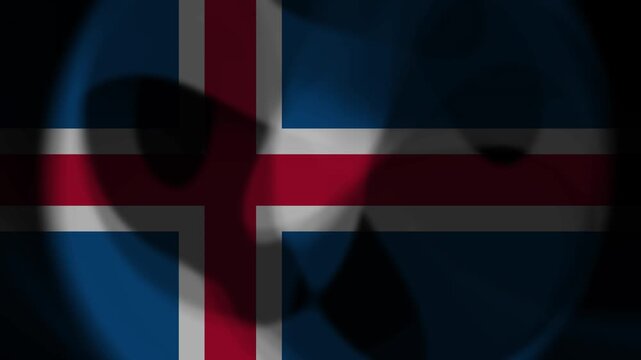 Icelandic flag displayed inside a circular spotlight effect against a dark background, emphasizing the national colors and the nordic cross design
