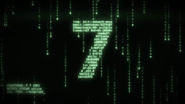 Green Matrix Code Countdown from 10 to 1 Decoding on Retro CRT Terminal with Digital Rain
