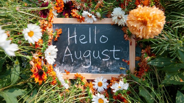 Hello August chalkboard surrounded by fresh wildflowers on a dark slate surface, with a rustic and moody feel for seasonal greetings and banners