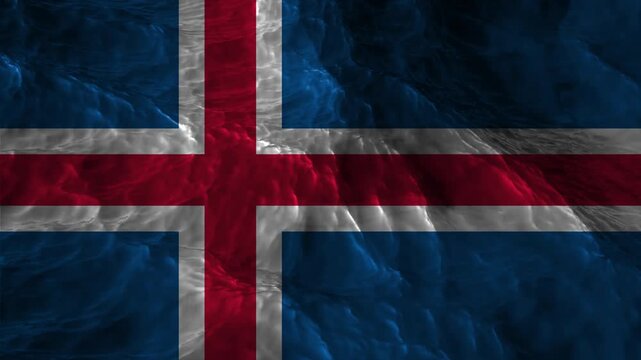 Dark and moody abstract background with the national flag of iceland, featuring deep blue and red tones with a rippling water surface effect
