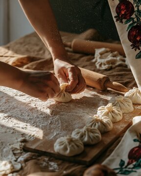 Hands pleating khinkali dumplings on a floured wooden board, a rustic and glowing scene of Georgian cooking for food blogs and menus