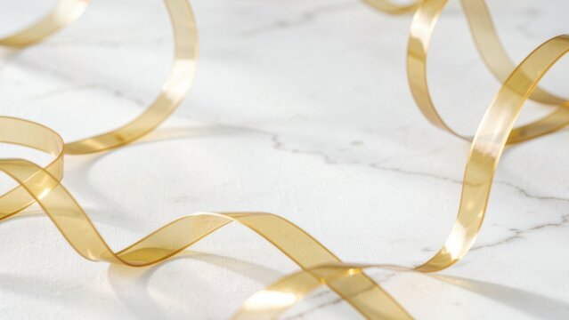 ethereal golden ribbons floating background on white marble for elegant luxury branding advertising mockup