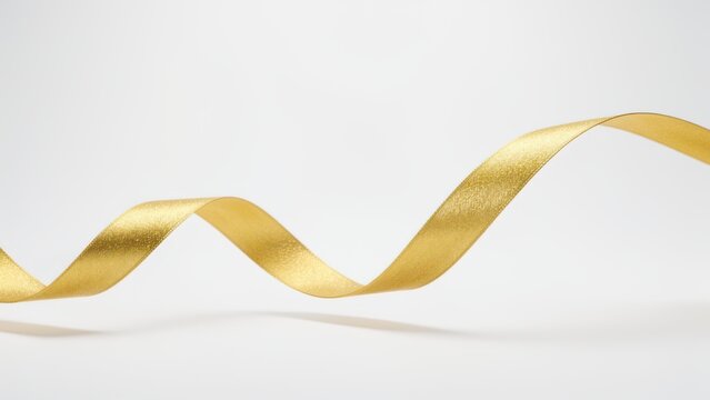 shimmering gold ribbon fluttering gracefully mid air on white surface for luxury advertisement copy space