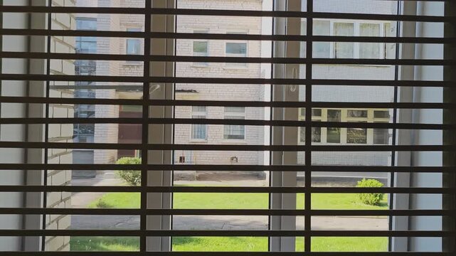 Automatic roller shutter blinds opening smoothly on residential apartment window revealing sunny backyard courtyard