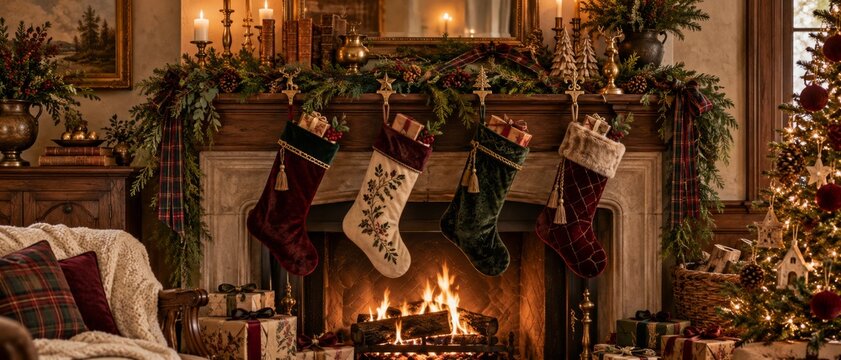 Heritage Christmas fireplace scene with glowing fire, mantle garlands, stockings, candlelight, decorated tree, gifts, and rustic traditional interior creating warm seasonal holiday atmosphere with aco