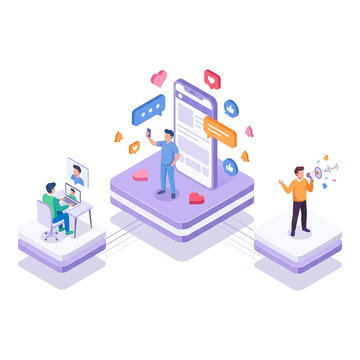 Social media marketing and online communication network illustrated with mobile app concepts.