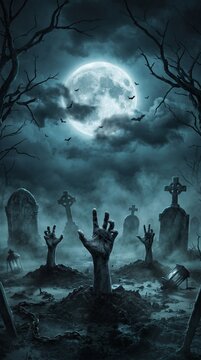 Zombie hands rising from graveyard graves under full moon with bats in spooky cemetery illustration