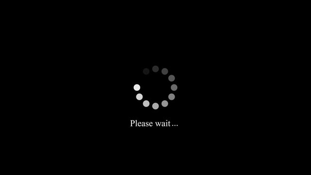 Please wait loading intermission animated. Icon symbol starting soon. Spinning waiting icon on black background. Loading circle animation. Seamless Loop.4k motion