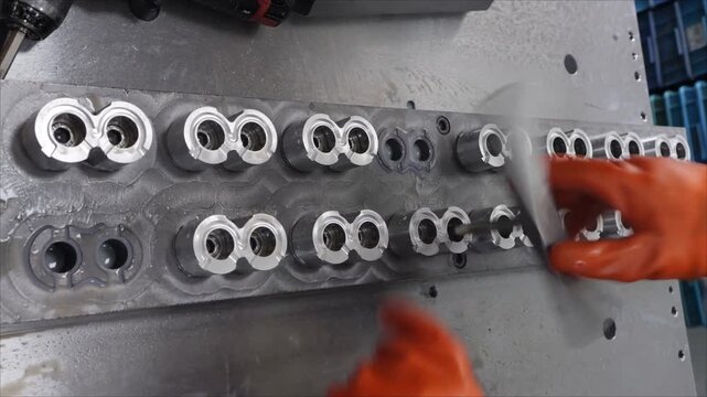 Precise alignment and quality inspection of custom dual hole metallic components arranged systematically on a manufacturing workstation plate for precision checking.
