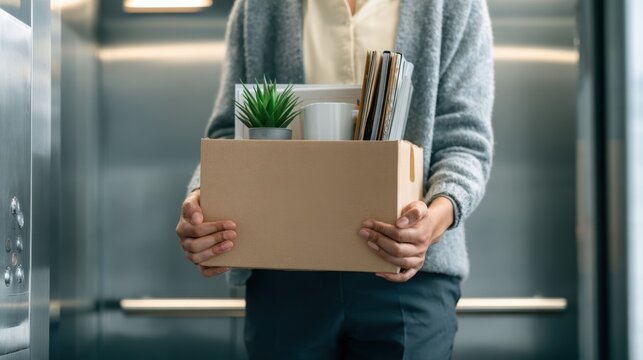 Employee carrying box of belongings while leaving office after layoff
