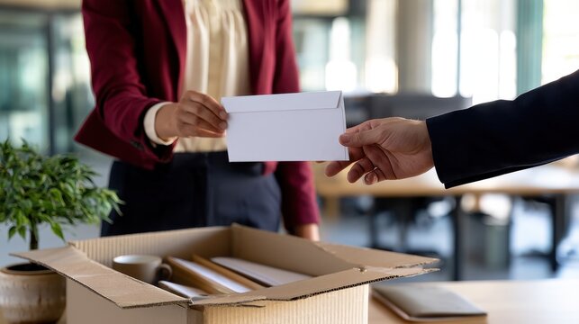 Businesswoman receiving a termination letter beside a cardboard box of office belongings, employee layoff and career transition concept