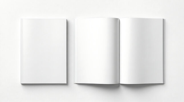 Minimalist blank magazine mockup with closed cover and open spread, white brochure template, professional catalog layout for portfolio display