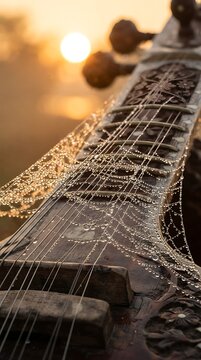 Traditional Indian sitar covered in morning dew with spider web during sunrise