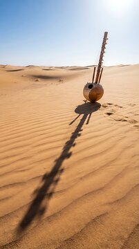 Traditional Indian sitar musical instrument standing upright in the middle of vast desert sand dunes