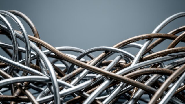 abstract metallic wire tangle background close up industrial texture cool toned for premium design and text overlay