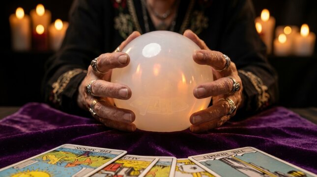 Fortune teller's hands holding a glowing crystal ball with tarot cards and lit candles on a dark purple velvet cloth, concept of future prediction and mysticism