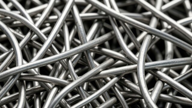 macro shot of abstract tangled metallic wires forming complex texture on brushed silver surface perfect for technology or finance advertising