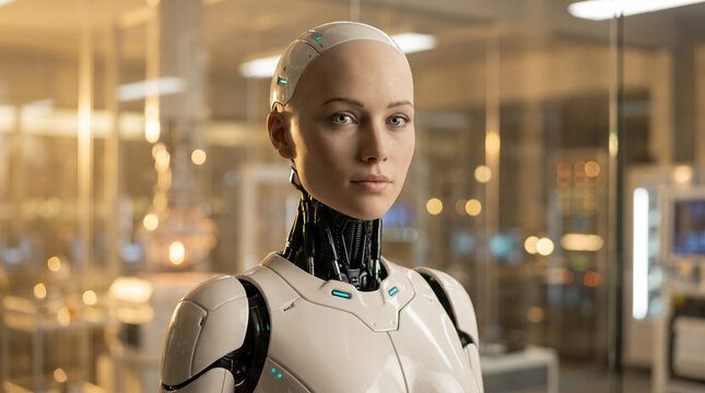 Hyper-Realistic Female Cyborg with White Armor in Modern Laboratory