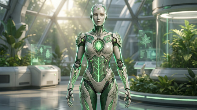 Eco-Friendly Female Android with Glowing Green Nature Motifs in Greenhouse