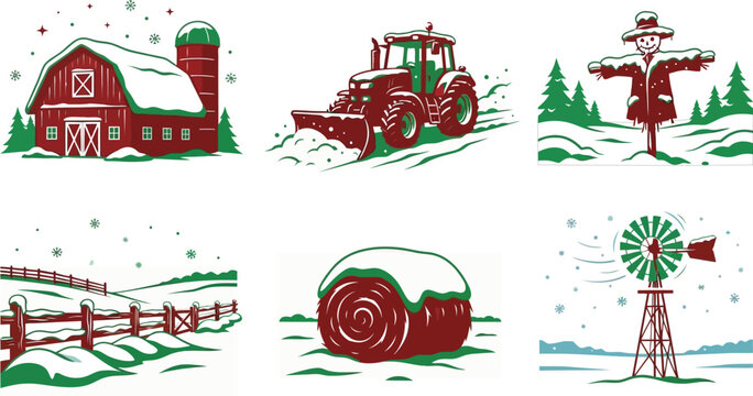 Vintage winter farm vector set, rustic red barn and tractor in snow, 6 countryside agriculture icons, rural landscape with windmill and hay bale