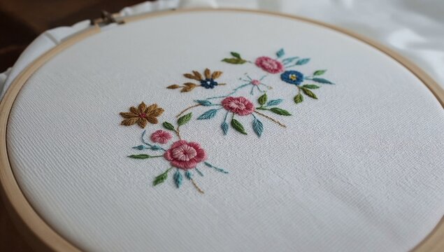 A close-up view of embroidery on a hoop, suitable for textile or craft projects