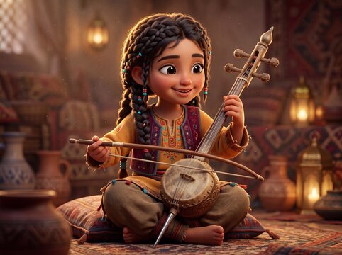Stylized 3D Character of a Young Girl Playing Spike Fiddle Rebab