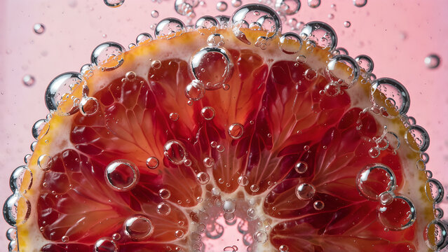 Fresh blood orange slice submerged in sparkling mineral water with rising air bubbles.