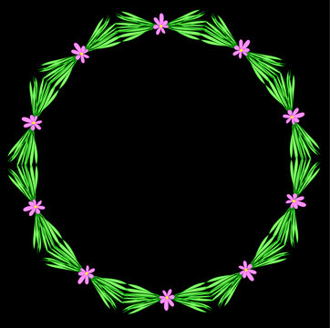 Oval Botanical Wreath with Bright Green Leaves and Pink Flowers on a Black Background