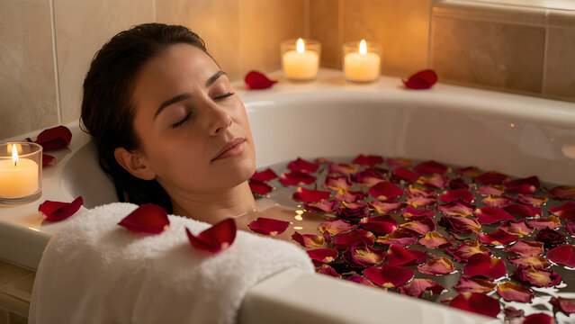 Young woman relaxing in a warm bathtub filled with red rose petals and candles.