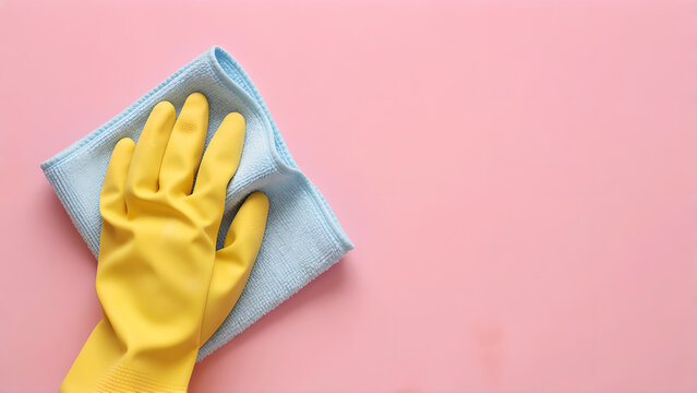 A person wearing a yellow rubber glove holding a blue microfiber cleaning cloth.