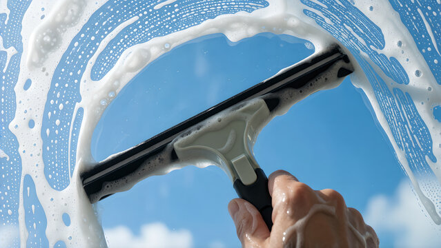 Person cleaning a glass window with a squeegee and soapy water foam outdoors.