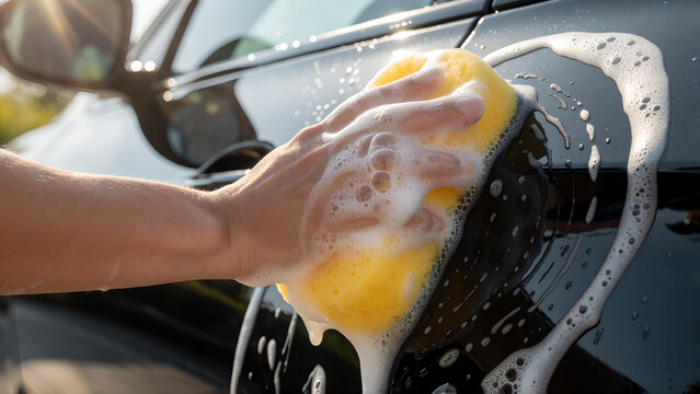 Person using a yellow sponge to wash and clean a black car exterior.